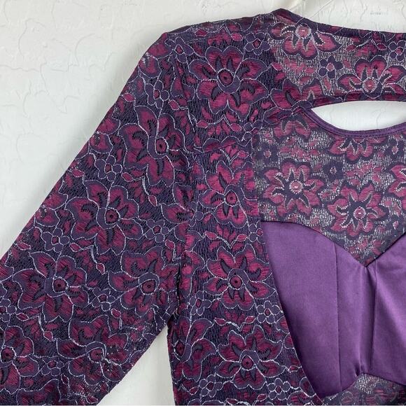 Express Floral Metallic Lace Long Sleeve Dress Purple Womens Sz M Party Preppy - Picture 9 of 12
